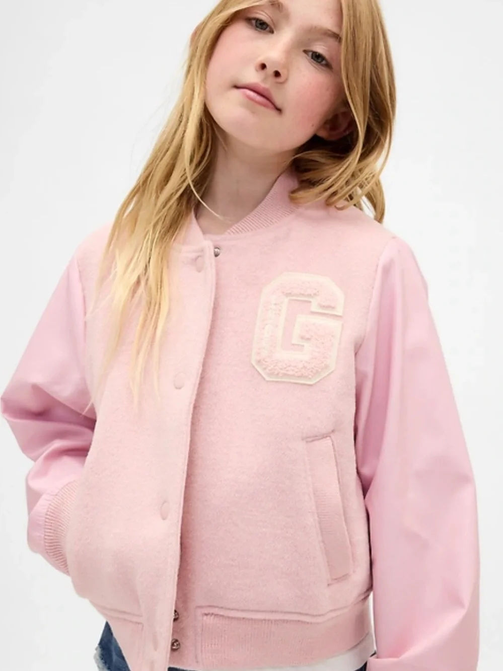GAP Light Pink Kids Wool-Blend Varsity Bomber Jacket XS